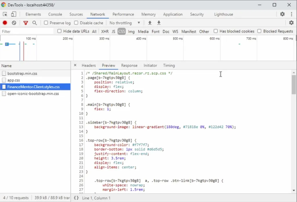 Bundled CSS File in the Developer Tools shows how CSS Isolation works