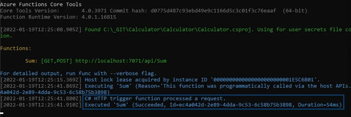 Function App - Console Output
