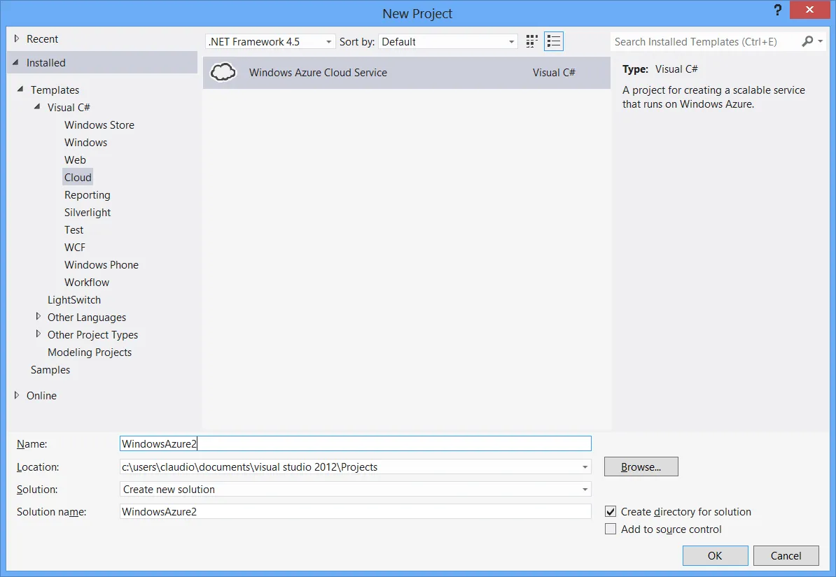 Create a new Windows Azure Cloud project