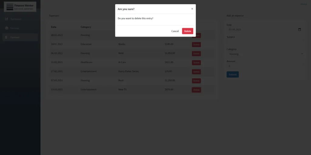 FinanceMentor - Delete