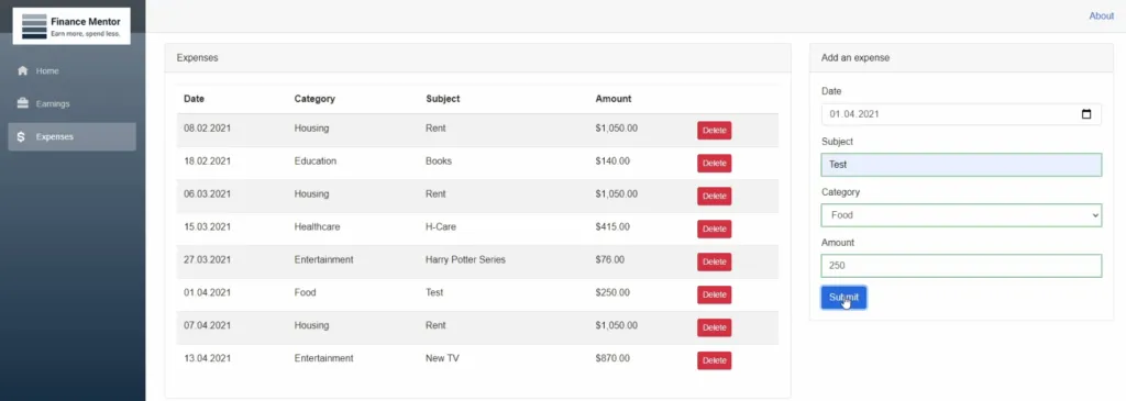FinanceMentor: Expenses Page