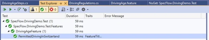 Test Explorer with executed SpecFlow scenarios