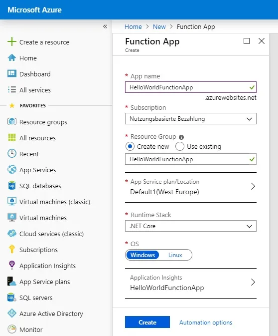 Create a new Function App resource in the Azure Portal