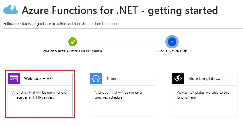 Select the HTTP Trigger for a new function within an Azure Function App