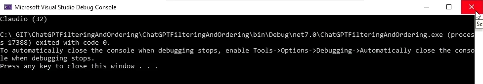 The result in the console when running the code.