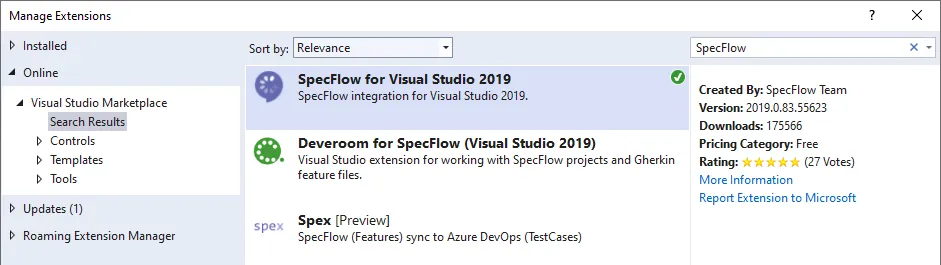 SpecFlow Extension for Visual Studio 2019