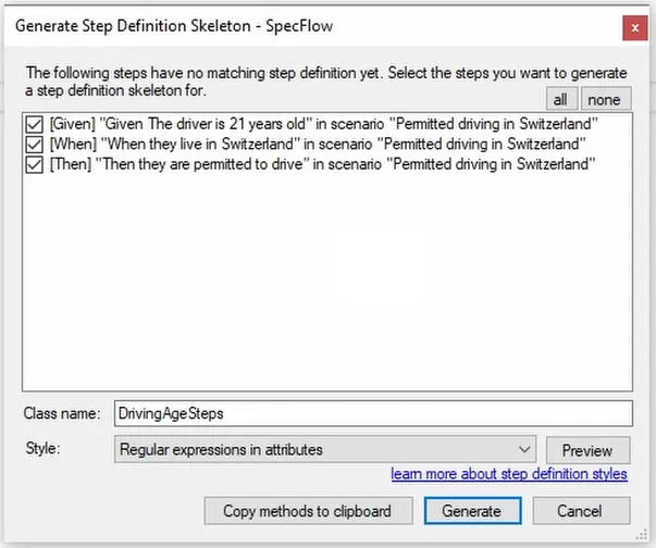 Step File Generation using the SpecFlow Visual Studio Extension