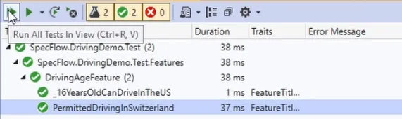 Test Explorer with two SpecFlow scenarios