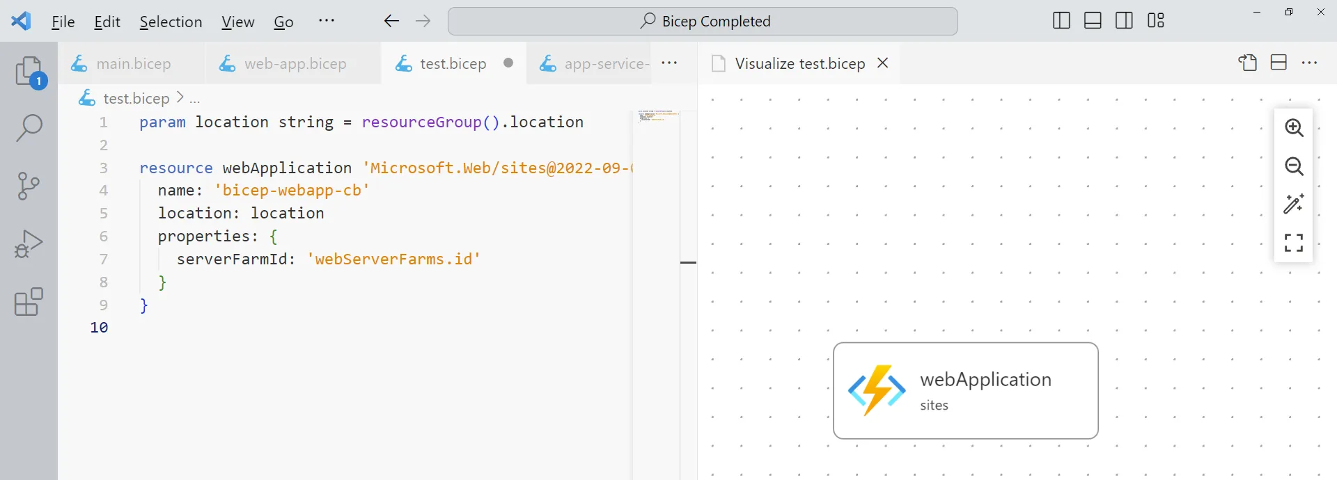 Visual Studio Code - Bicep Visualizer showing an Azure Web App