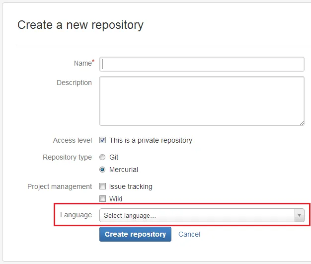 New Bitbucket repository (language selection) New Bitbucket repository (language selection)