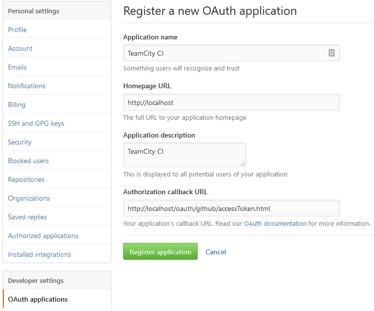 Github register OAuth Application